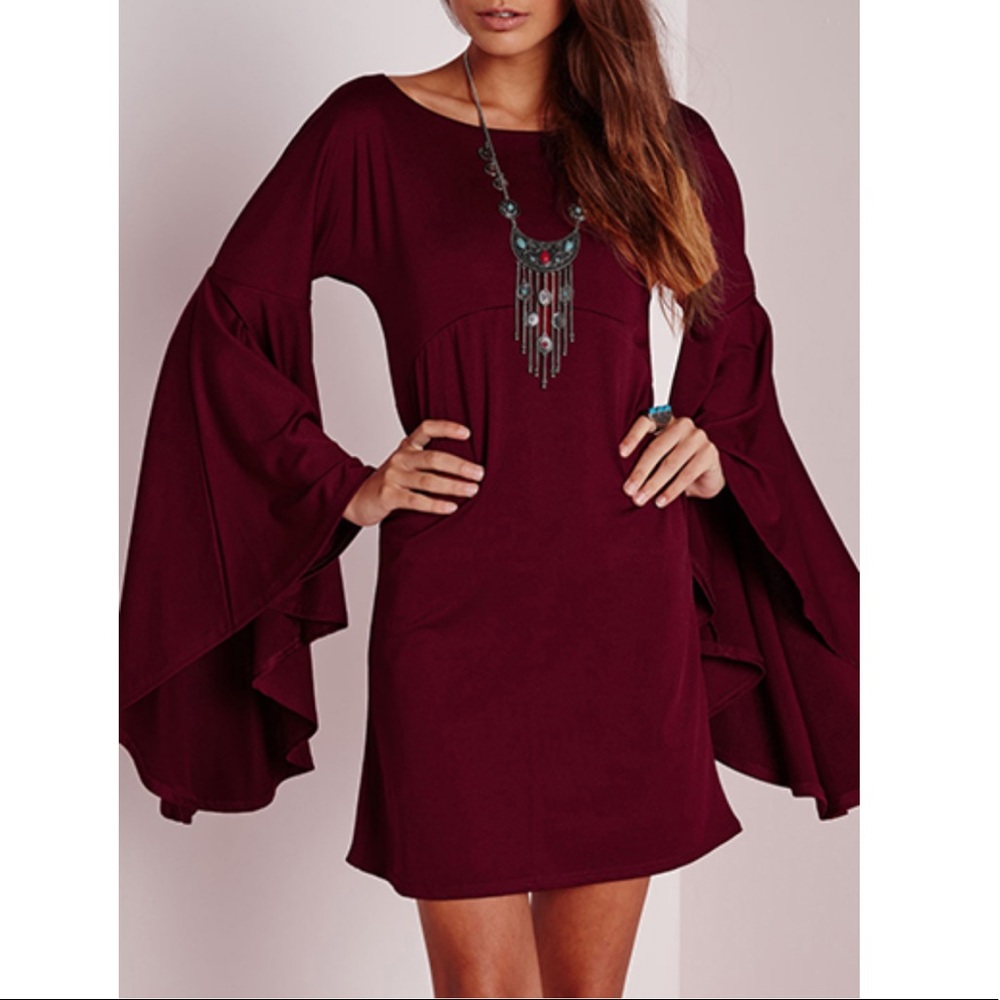NEW WITHOUT TAG Wine Red Oxblood Kaftans Flutter Bell Sleeve Shift Dress, Size M
